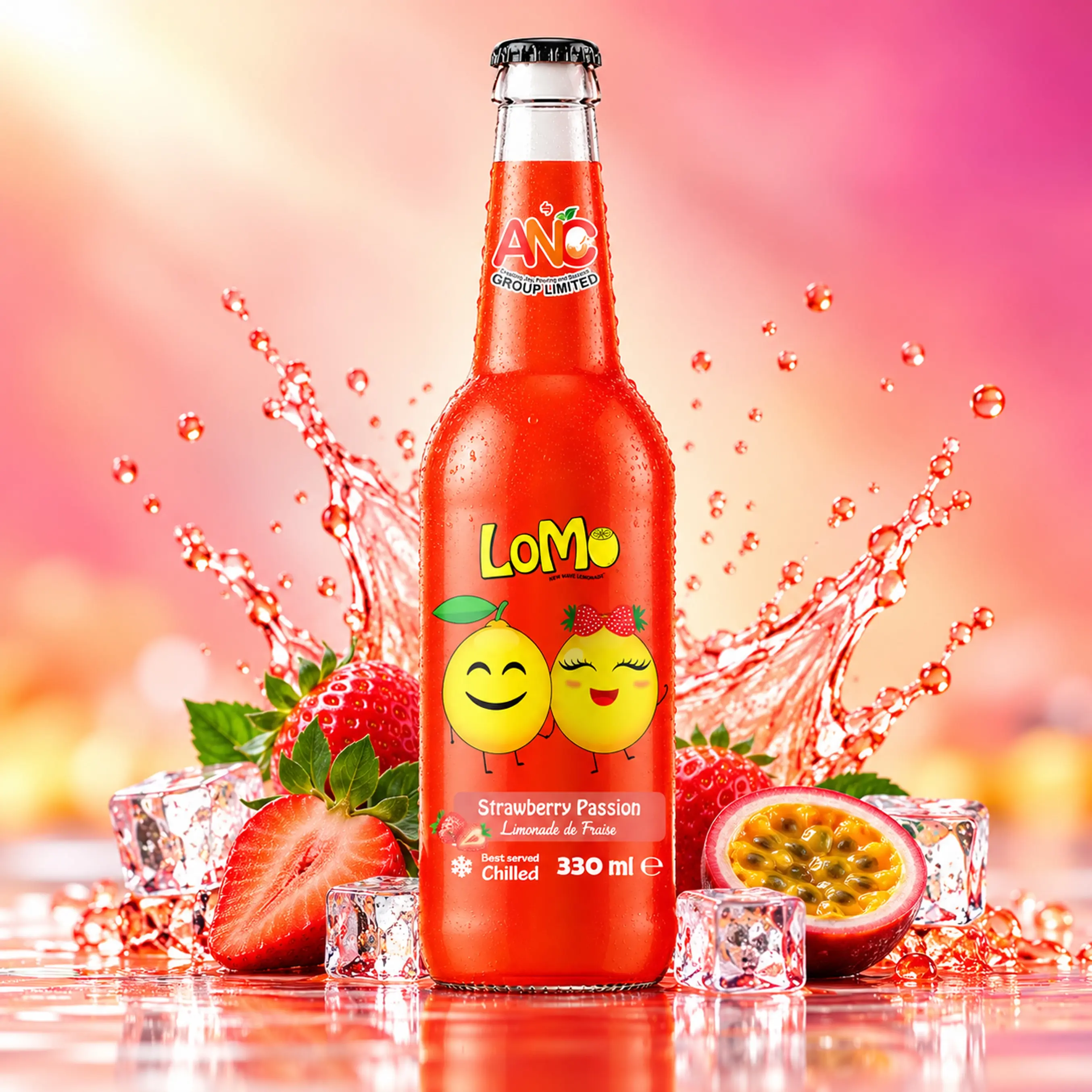 LoMo Strawberry Passion 330ml glass bottle with strawberries, passion fruit, ice cubes, and red fruit splash.